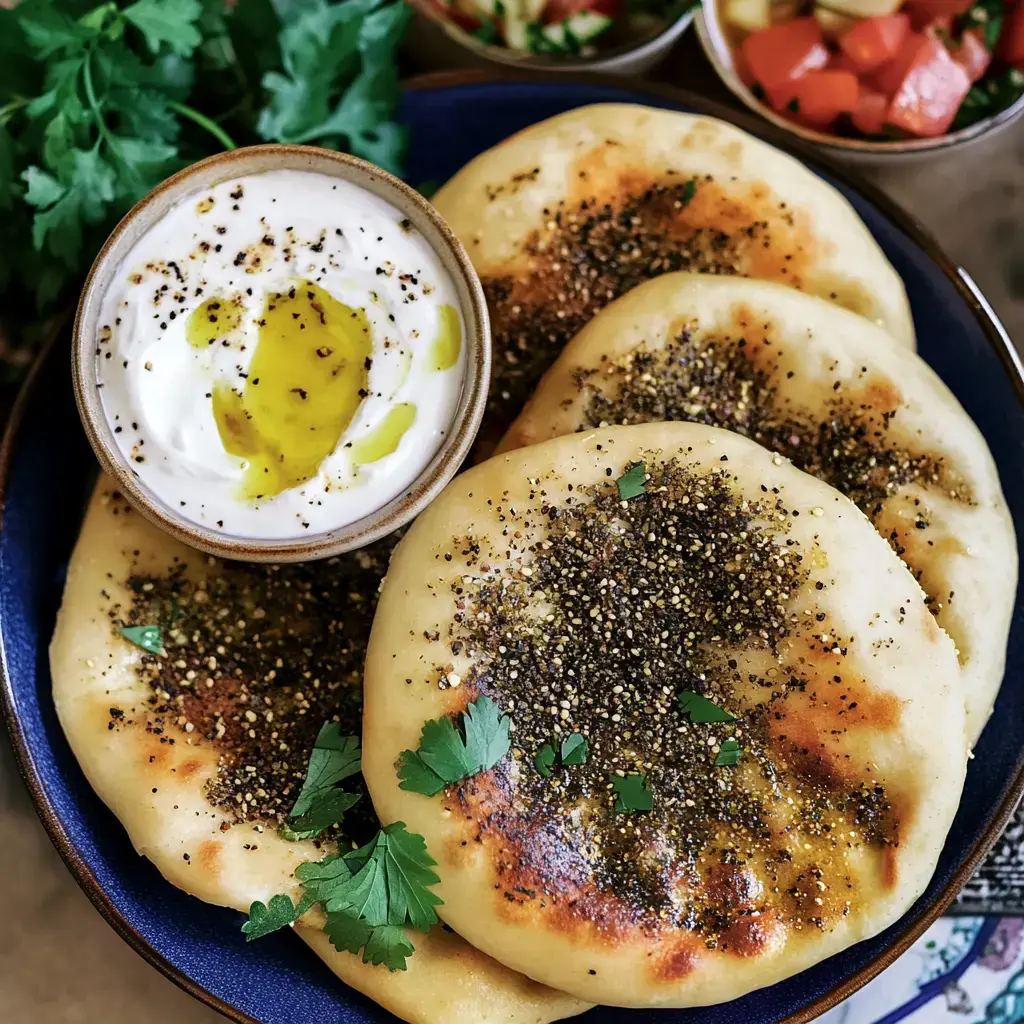 Tres panes dorados servidos en un plato, espolvoreados con especias y acompañados de una pequeña taza de yogur con aceite de oliva y hierbas.