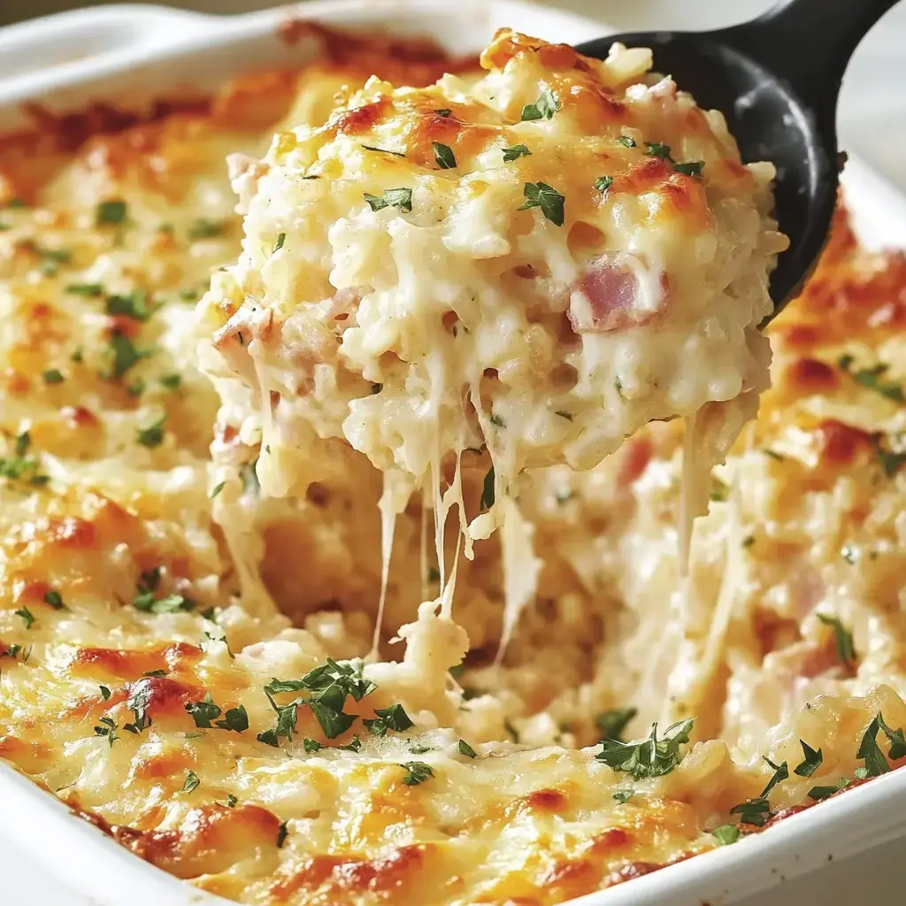 Se sirve una porción de arroz cremoso horneado cubierto de queso derretido y perejil fresco.