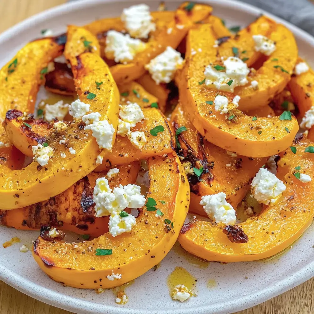 Un plato con rodajas de calabaza asadas, decoradas con queso feta y hierbas frescas.