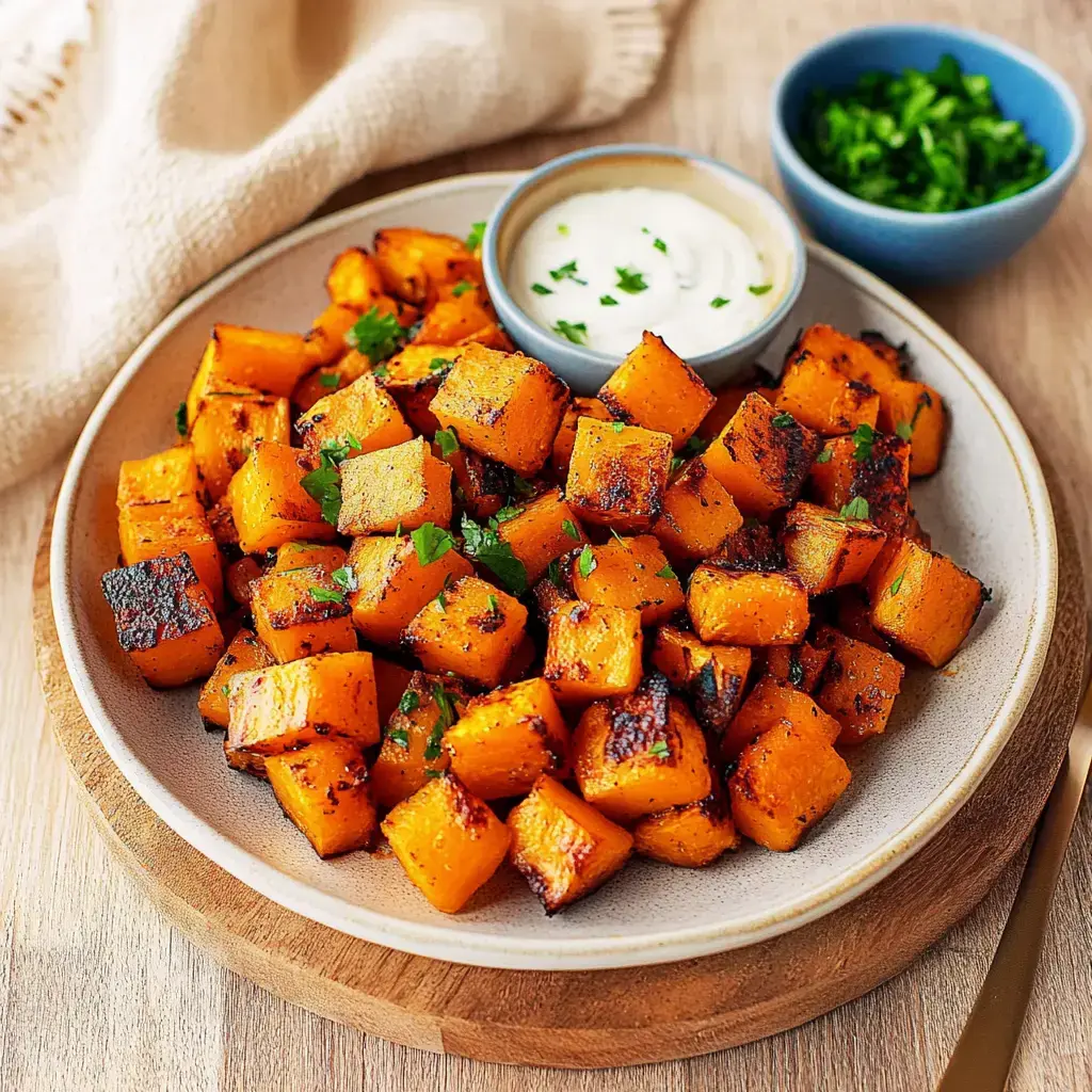 Un plato con trozos de calabaza asados, decorados con perejil fresco y acompañados de una salsa cremosa.
