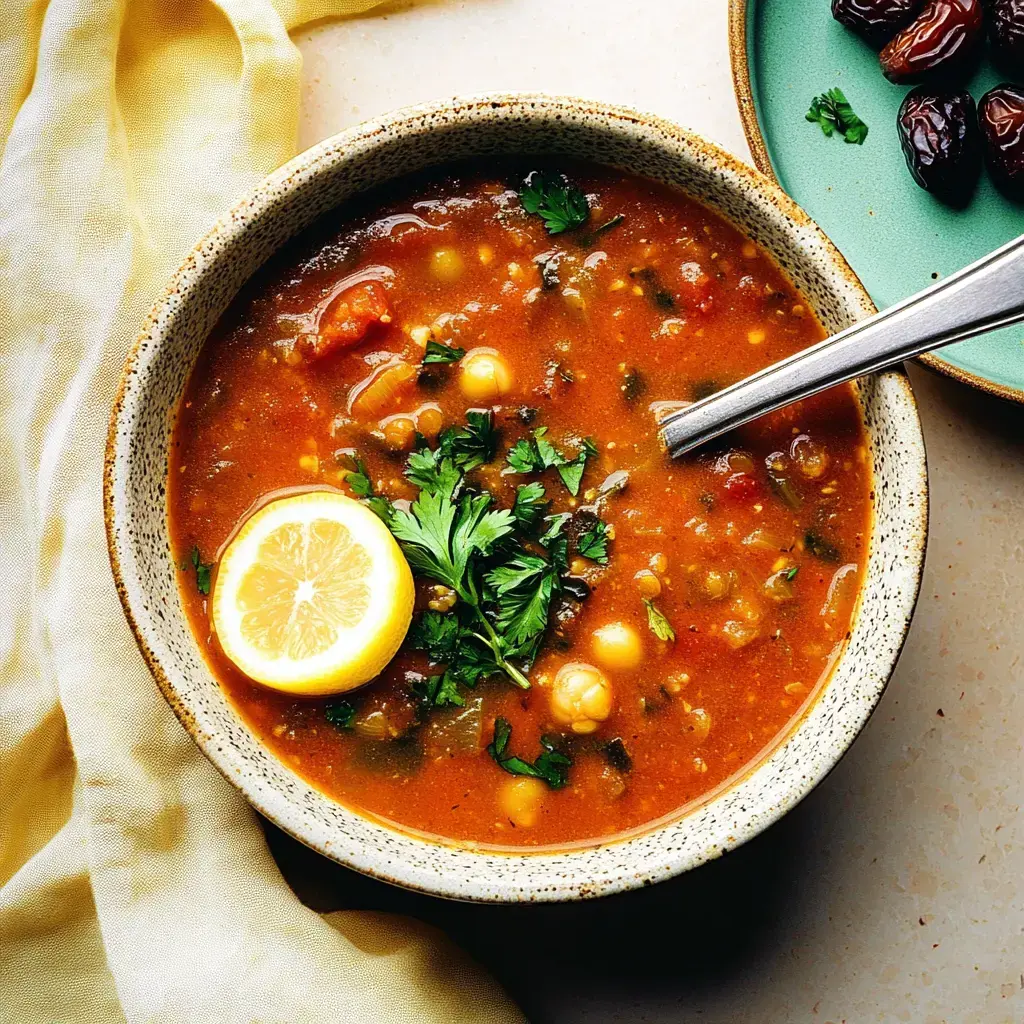 Un tazón de sopa de lentejas con garbanzos, decorado con cilantro fresco y una rodaja de limón, servido junto a un platito de dátiles.