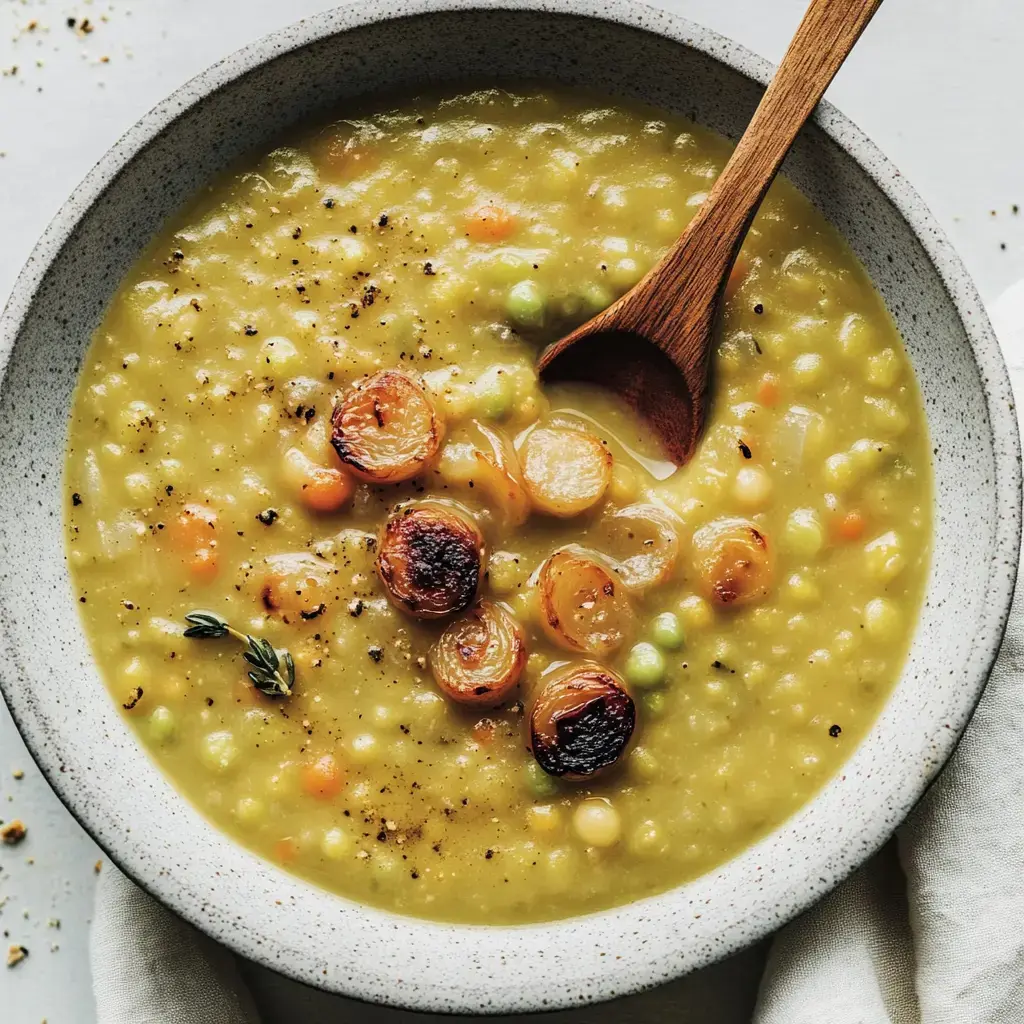 Un plato lleno de sopa espesa de guisantes, decorada con cebollas doradas y una cuchara de madera.