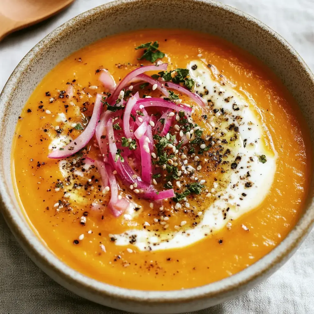Sopa de zanahoria cremosa decorada con cebollas rojas, hierbas, sésamo y crema.