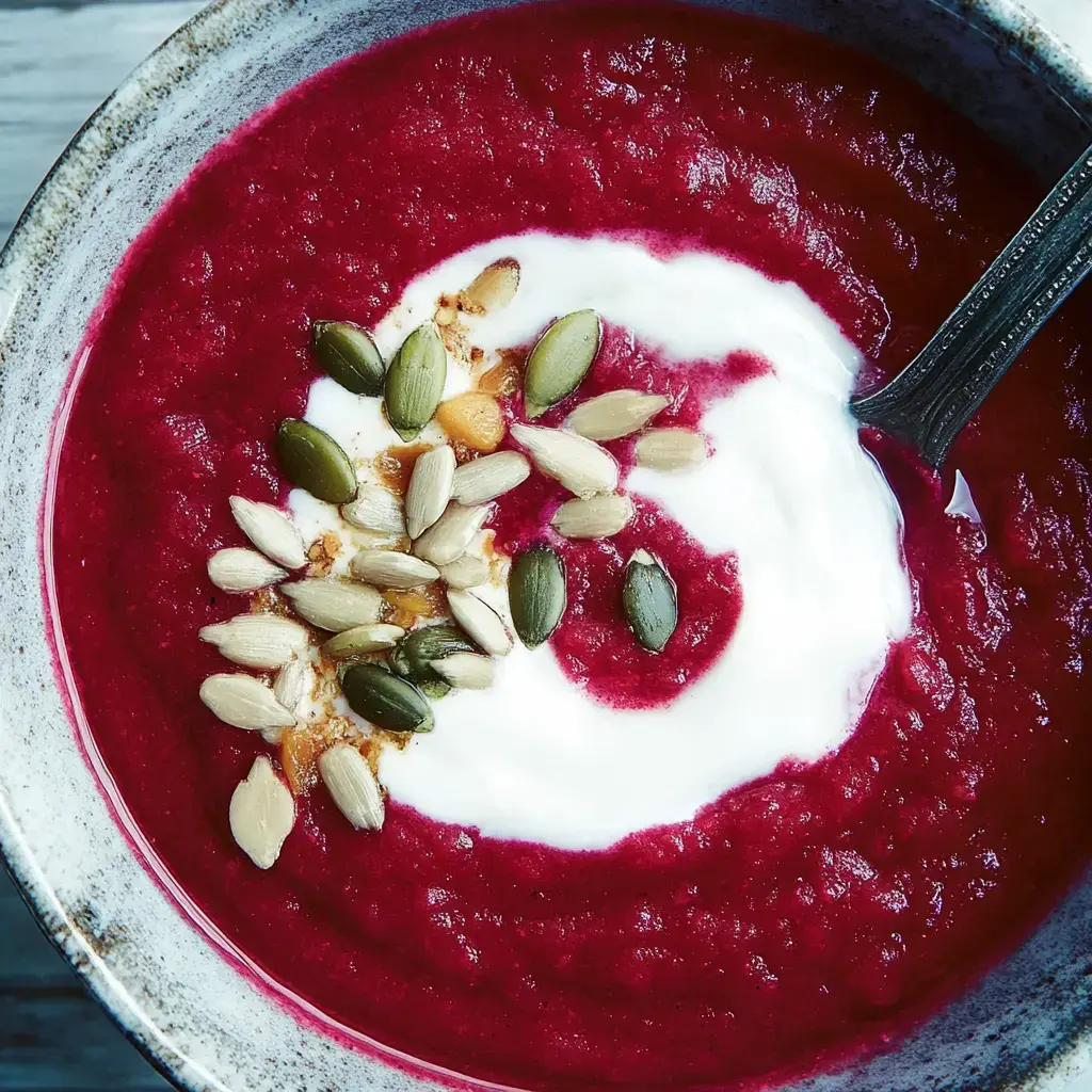 Un recipiente con sopa roja adornada con crema y semillas variadas.