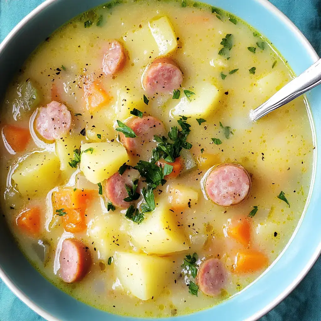 Un plato de sopa con trozos de papas, zanahorias y salchichas, decorado con perejil fresco.
