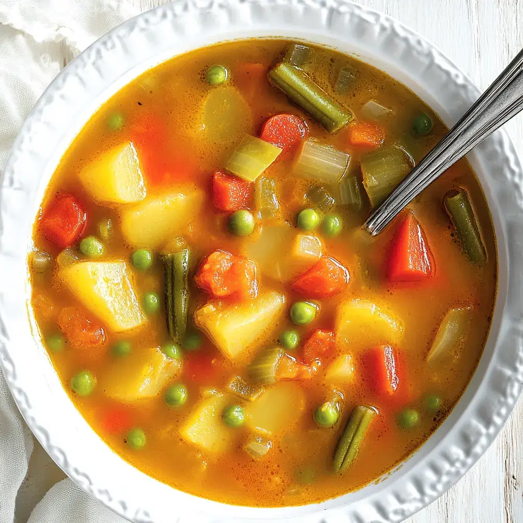 Plato cargado de sopa de verduras con patatas, zanahorias, arvejas y apio.