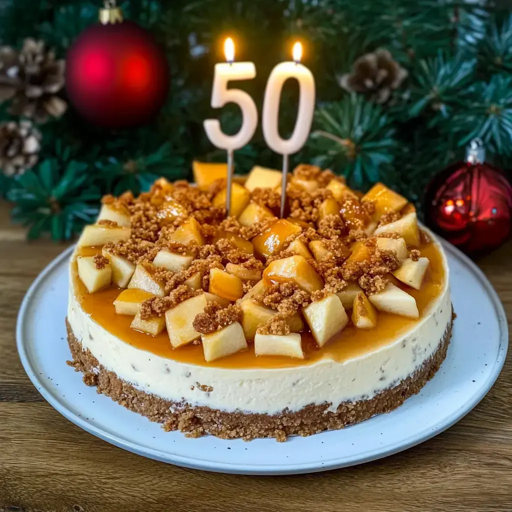 Una tarta cremosa con trozos de manzana y caramelo, decorada con una vela de "50", con decoración festiva de fondo.