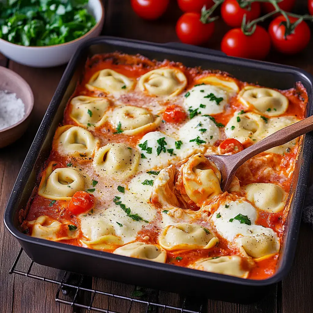 Un plato de tortellini horneados en salsa de tomate, gratinados con mozzarella, decorado con perejil fresco, rodeado de tomates cherry y verduras frescas.