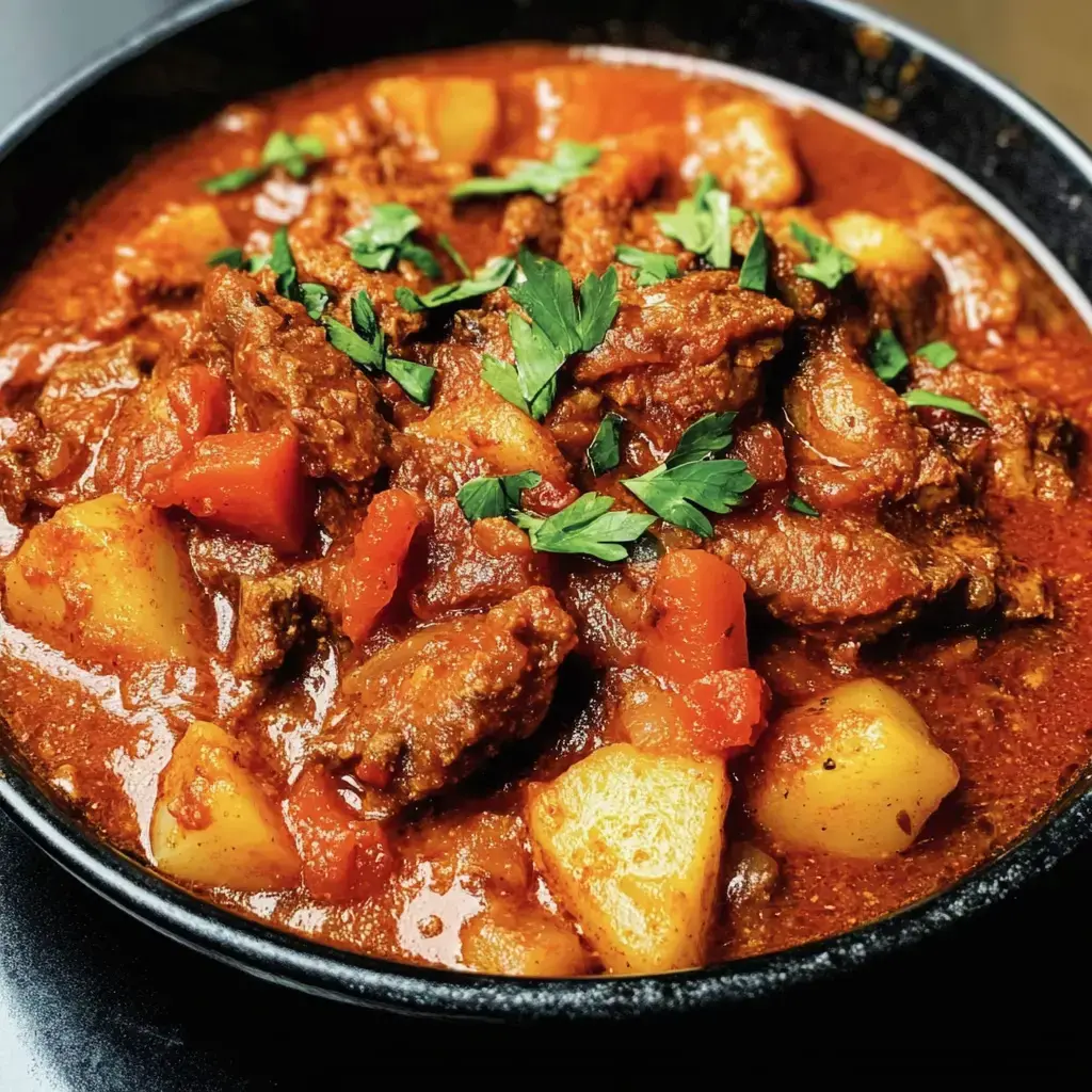 Un plato caliente de guiso con trozos de soja, vegetales y papas en una salsa de tomate especiada, decorado con perejil fresco.