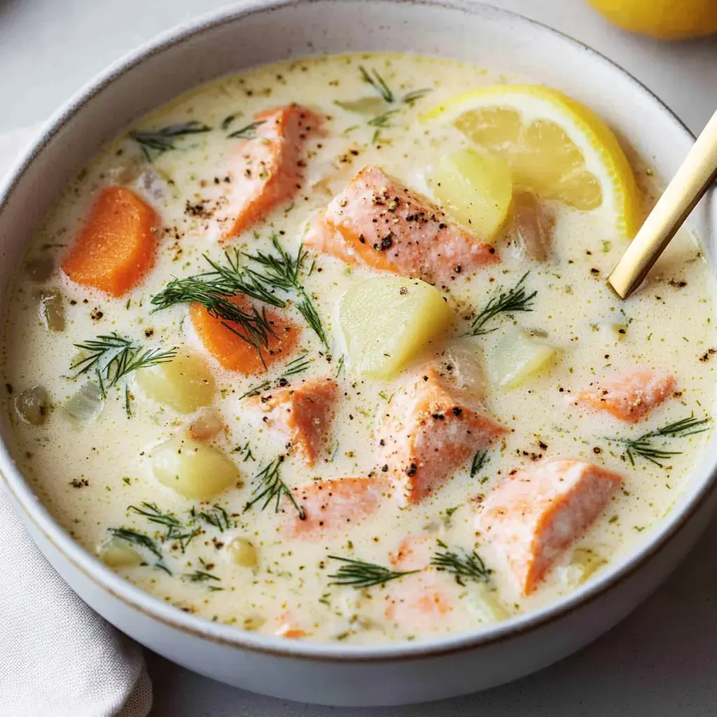 Un bol con sopa cremosa de salmón y verduras, decorado con eneldo y una rodaja de limón.