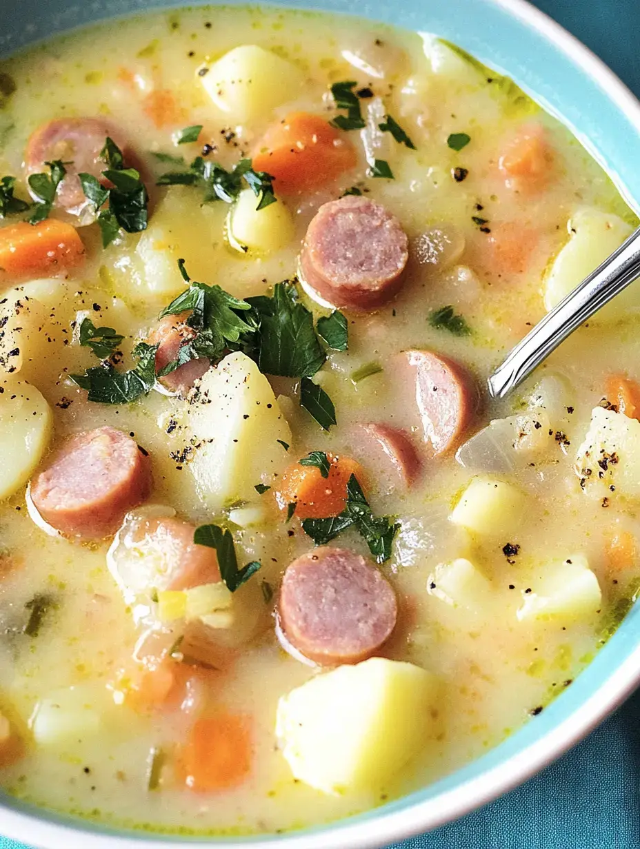 Un bol rebosante de sopa cremosa de patata, con trozos de salchicha, zanahoria y perejil fresco por encima.
