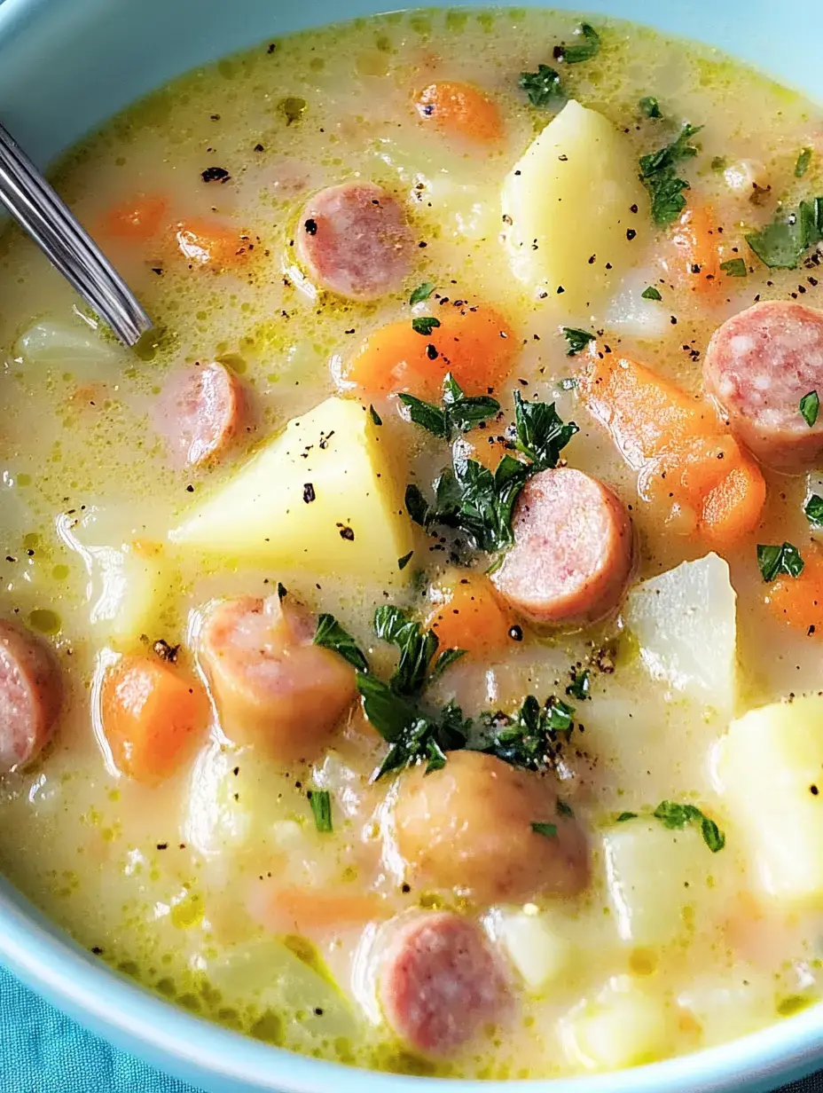 Cuenco lleno de sopa cremosa, con zanahorias, papas y salchicha, coronada con perejil fresco.