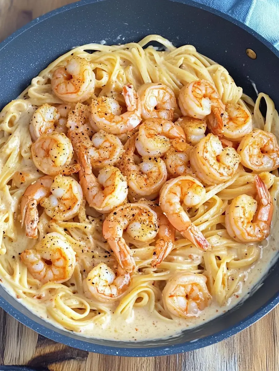 Un plato de linguini en salsa cremosa, encima gambas a la plancha con pimienta.