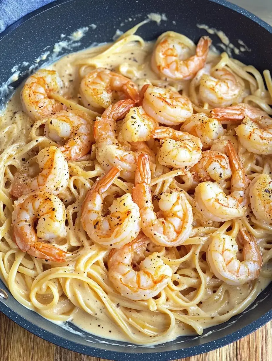 Un plato de espaguetis con gambas y salsa cremosa, decorado con pimienta negra.