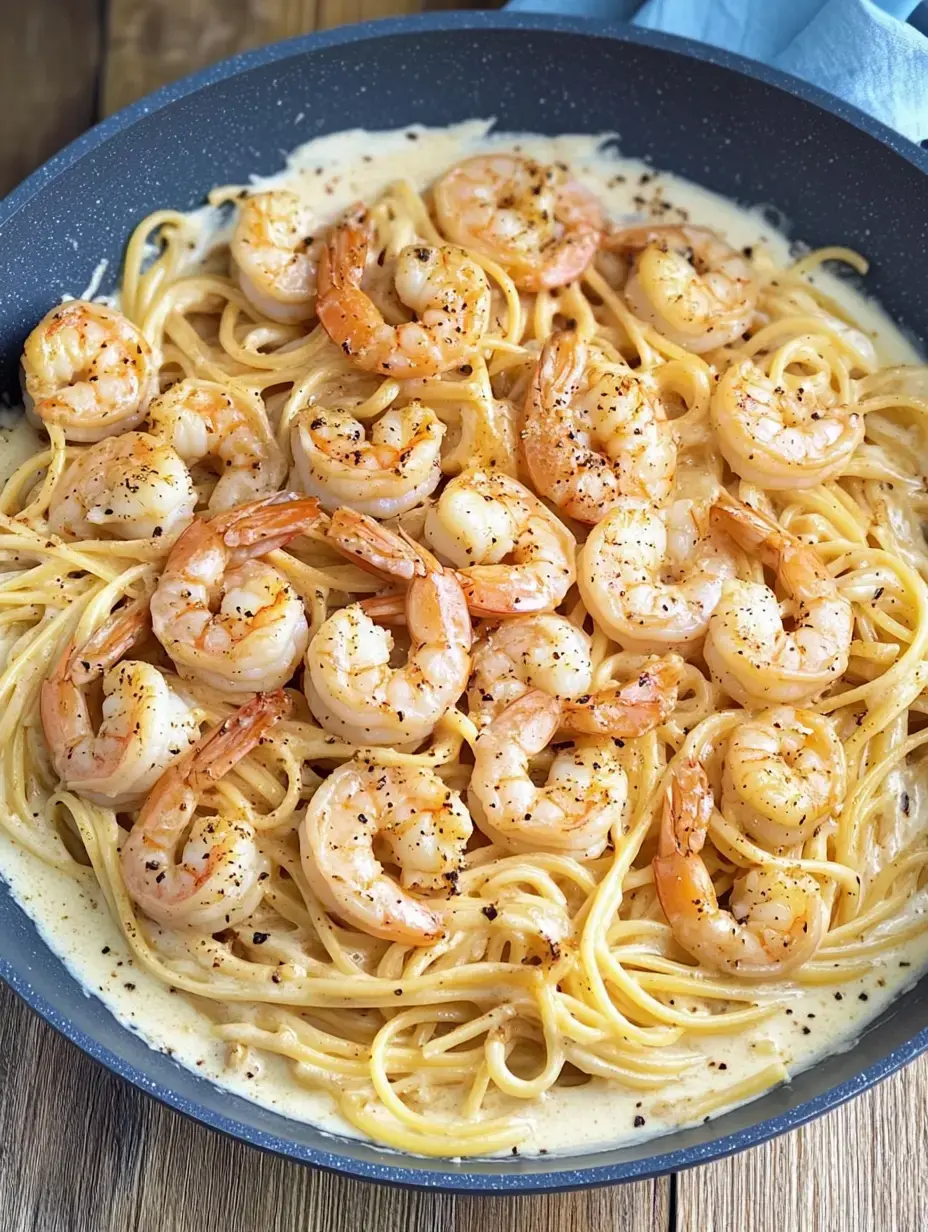 Una sartén con espaguetis y gambas en salsa cremosa, decorados con pimienta.