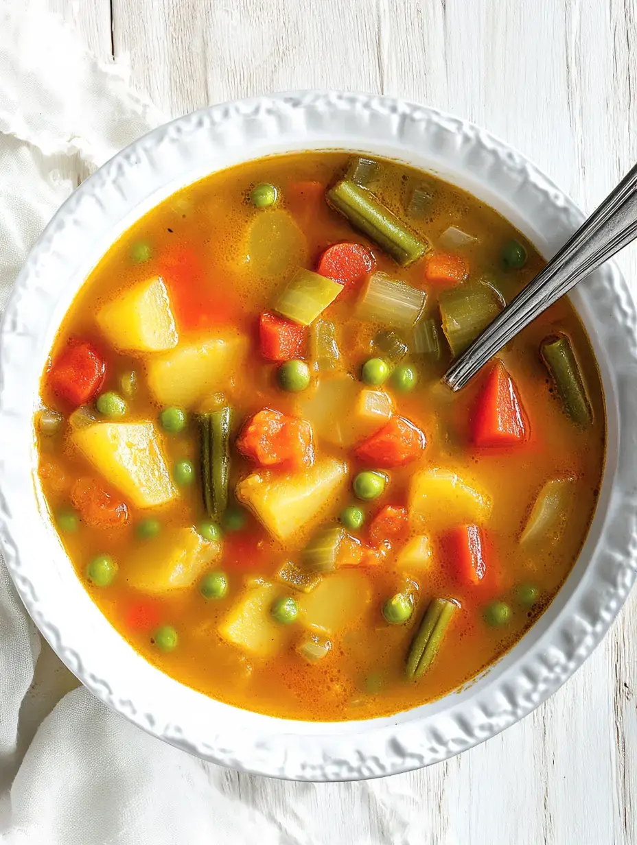 Un caldo rústico de verduras en un bol blanco con patatas, zanahorias, guisantes y judías verdes en un caldito dorado.