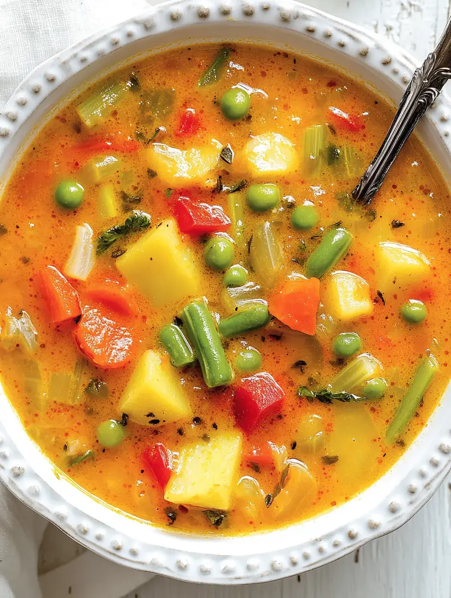 Un plato de sopa cremosa con trozos de verduras como zanahorias, guisantes, patatas y pimiento en su caldo dorado.