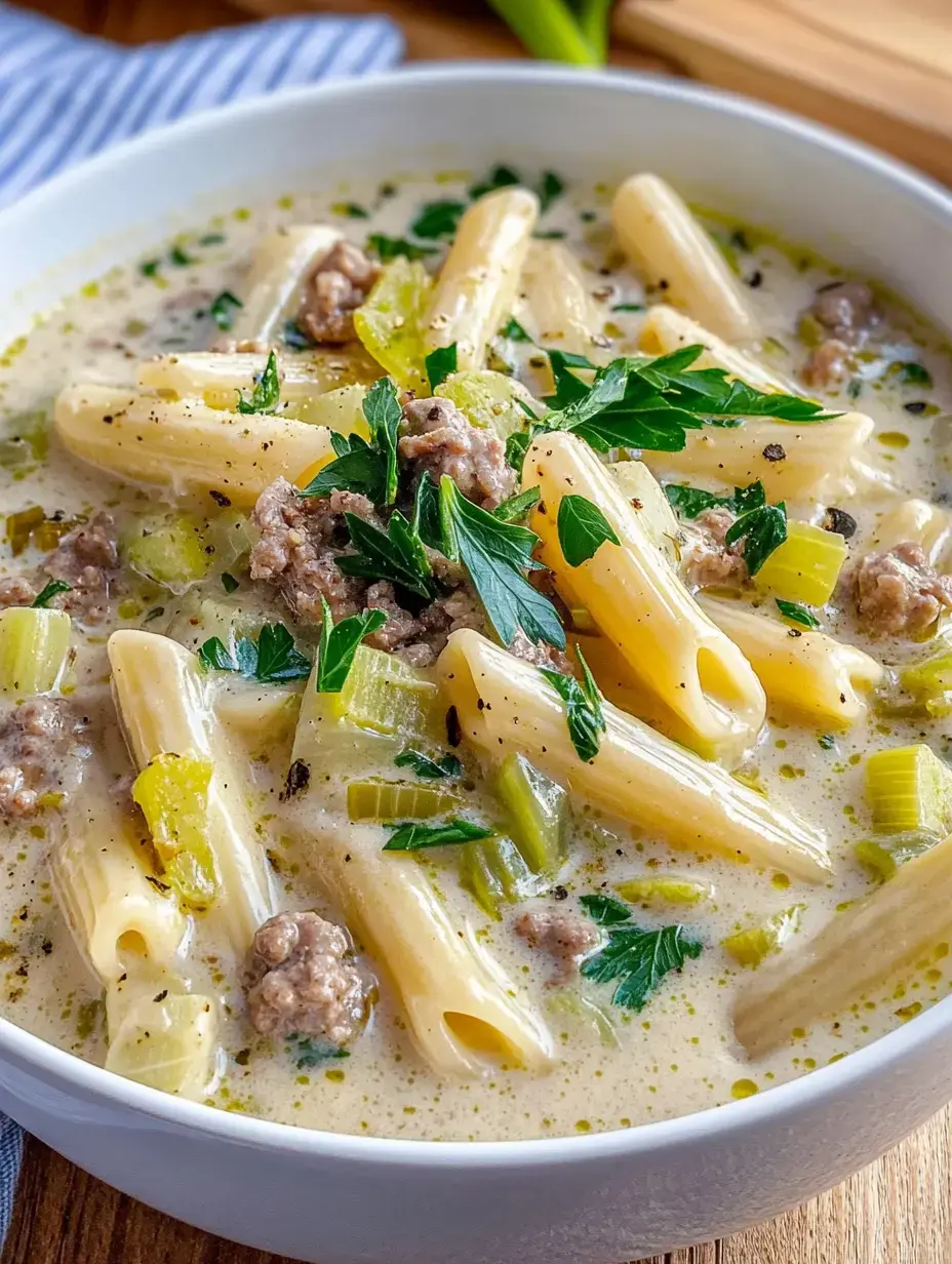 Un bol de pasta cremosa con carne molida, apio y perejil fresco.