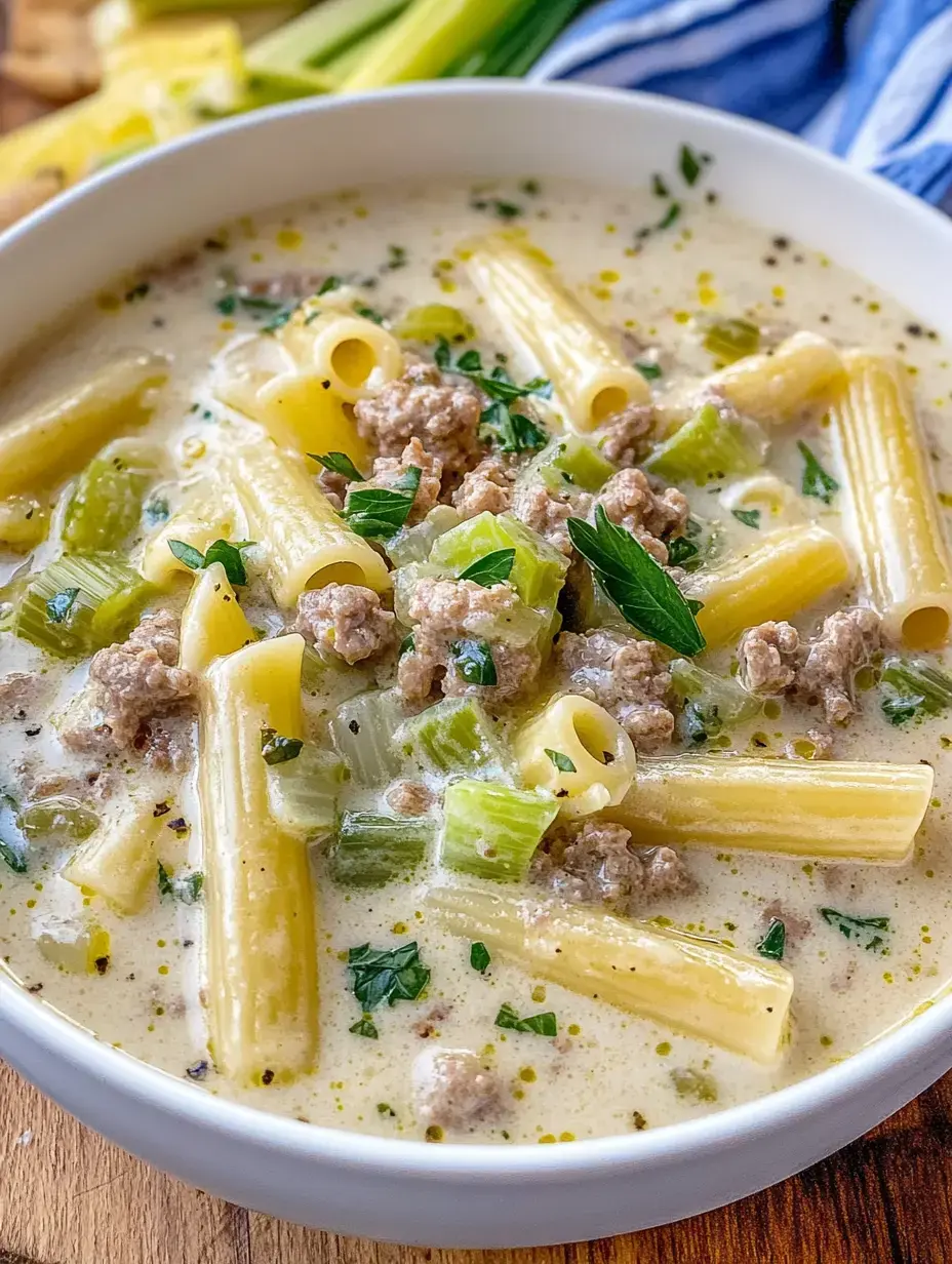 Un bol de sopa cremosa de pasta con macarrones, carne molida, apio y hierbas frescas.