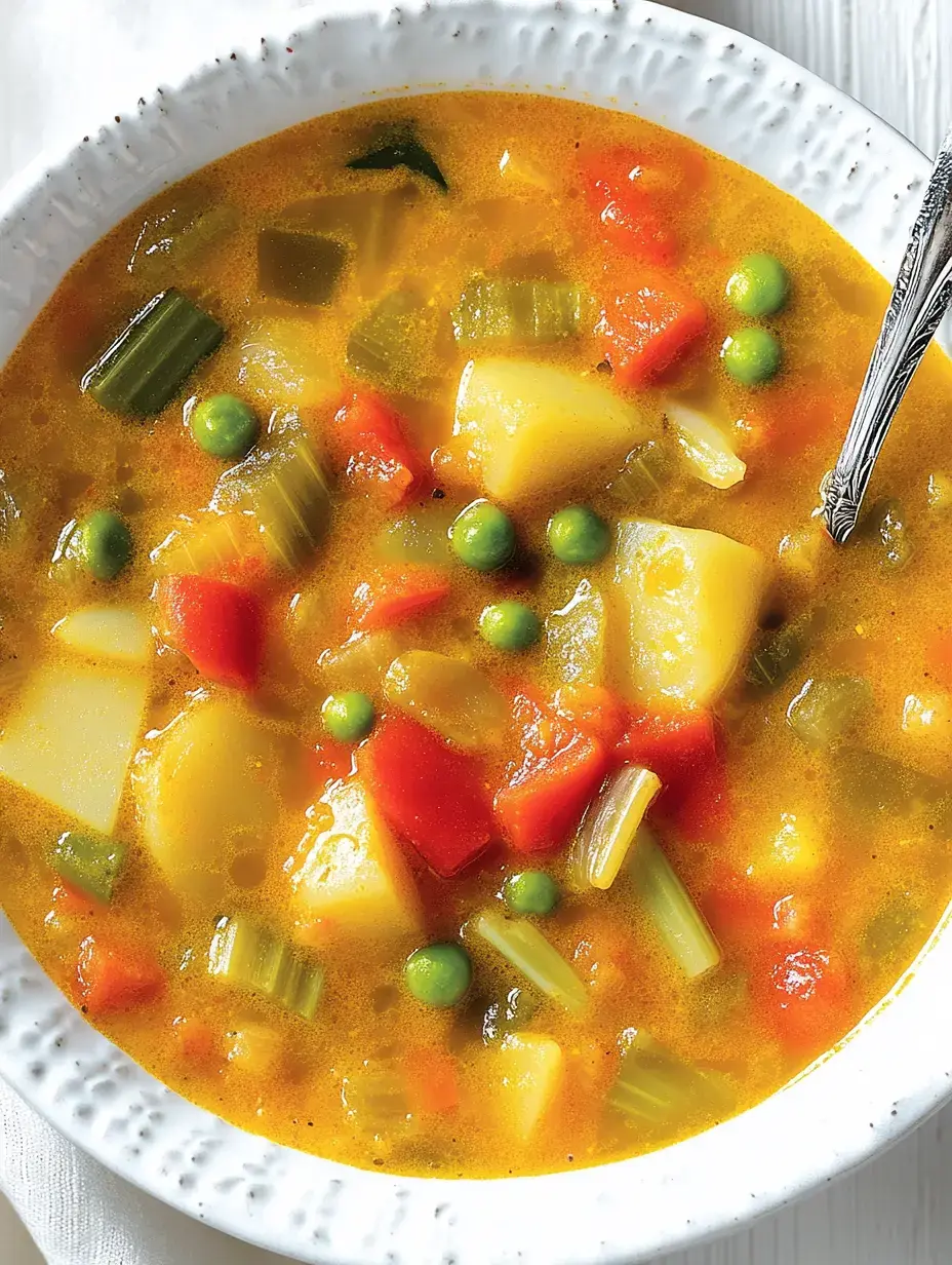 Un bol de sopa de verduras colorida, con patatas, guisantes, pimiento y apio.