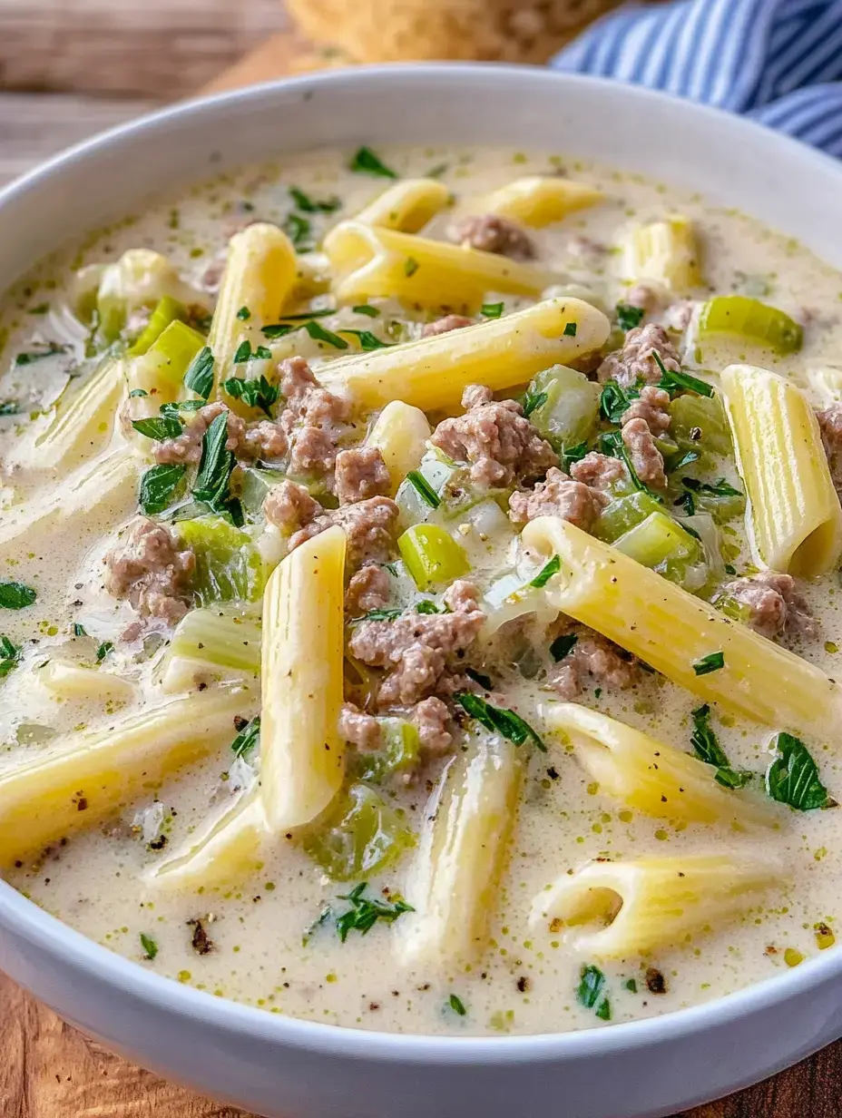 Un bol de sopa cremosa con macarrones, carne molida, apio y hierbas frescas.