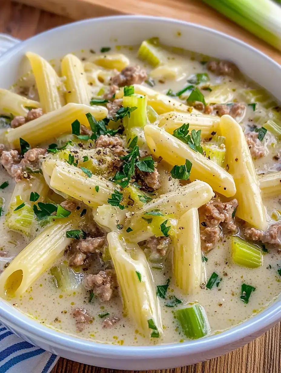 Un bol con rigatoni y salsa cremosa, carne molida y cebollinos frescos encima.