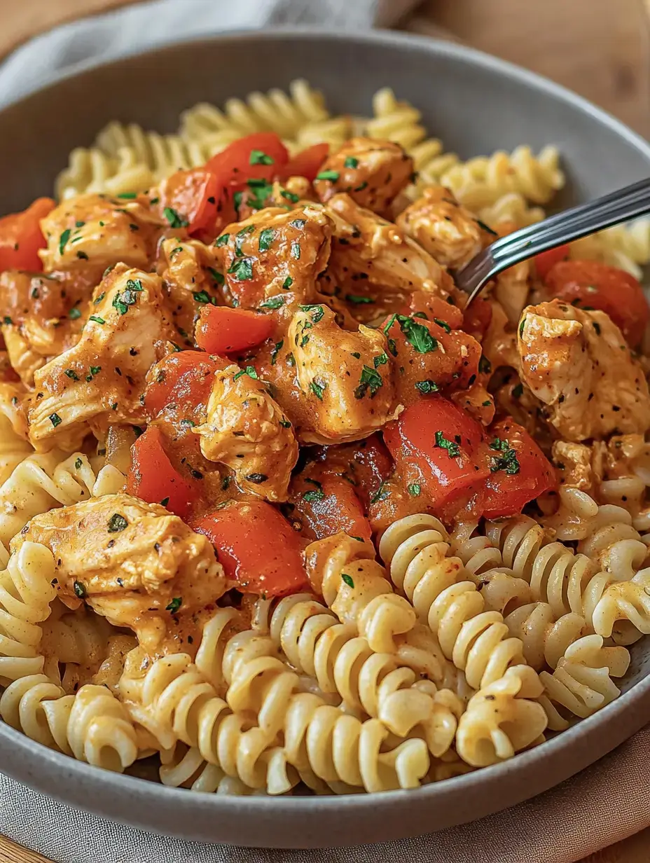 Un plato de fusilli con trocitos de pollo en salsa de tomate, decorado con hierbas frescas.