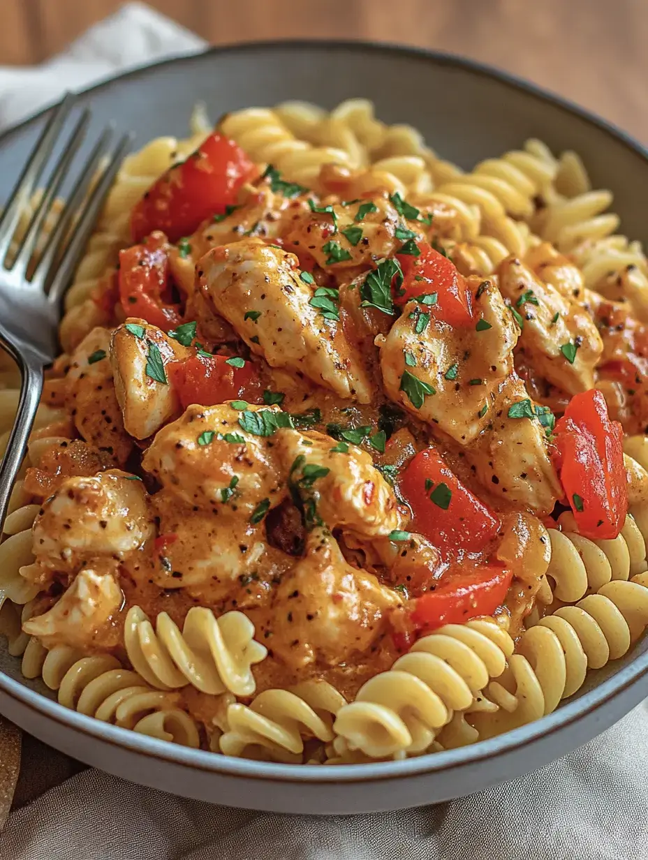 Un plato con pasta fusilli, trozos de pollo, pimiento rojo y una salsa cremosa decorada con perejil fresco.