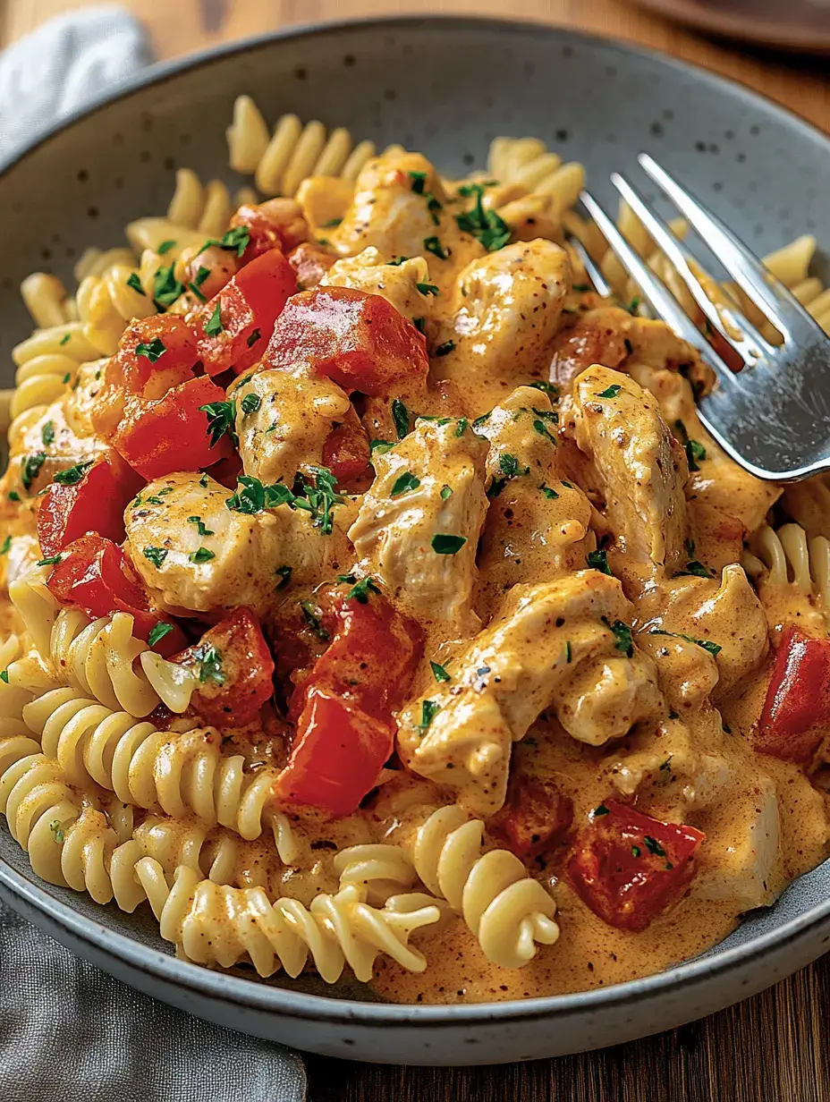 Un plato de pasta en espiral con salsa cremosa, pollo y tomates frescos, decorado con perejil picado.