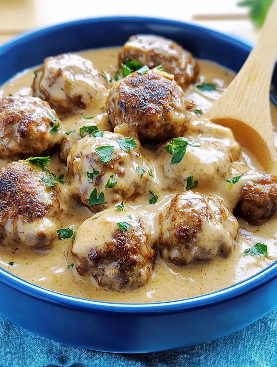 Plato azul lleno de albóndigas suecas en salsa, con perejil fresco.