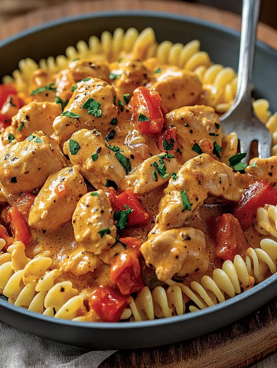 Un plato de pasta fusilli bañada en salsa cremosa con pollo y tomate, decorado con perejil fresco.
