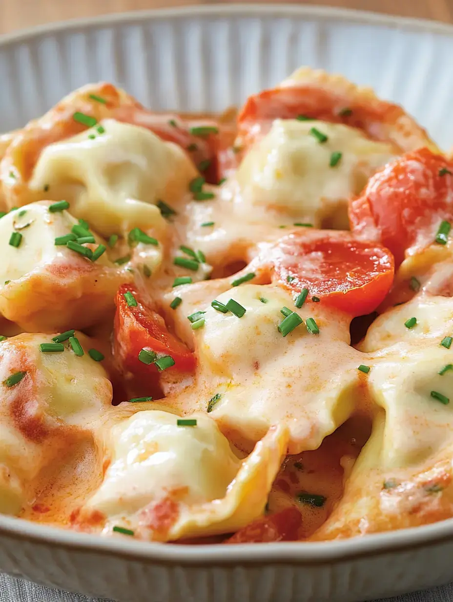Un plato de tortellini rellenos gratinados con queso fundido y tomatitos, decorado con cebollino fresco.