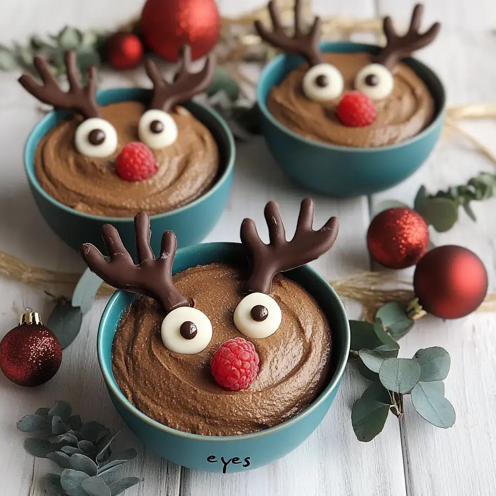 Tres recipientes con crema de chocolate decorada como caritas de reno con chocolate, nata y frambuesas en ambiente navideño.