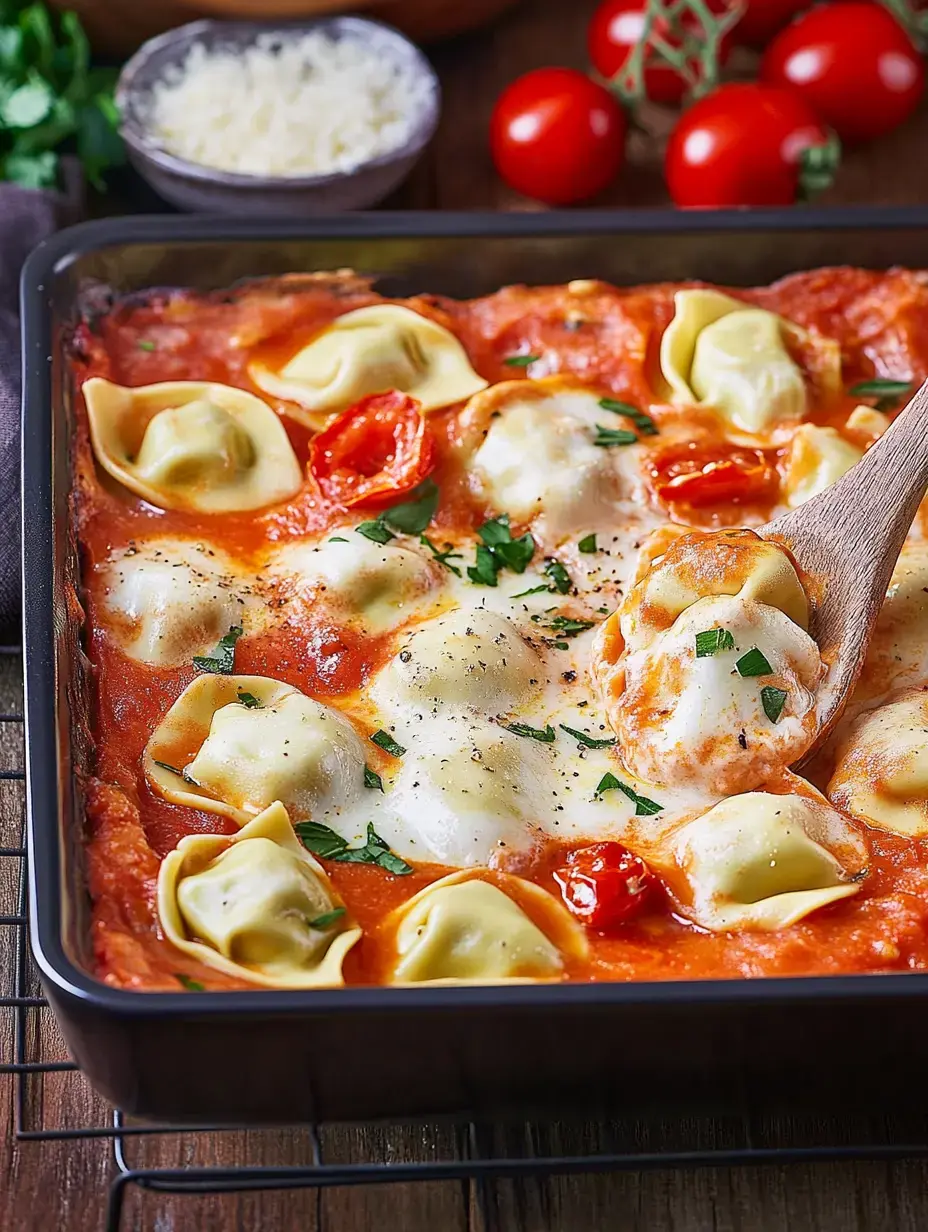 Una fuente de pasta rellena bañada en salsa de tomate, decorada con hierbas frescas y tomatitos.