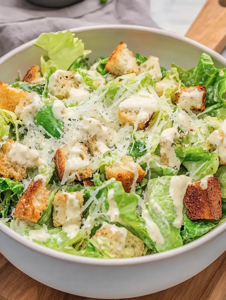 Un bol de ensalada César con hojas verdes, crutones y salsa cremosa.
