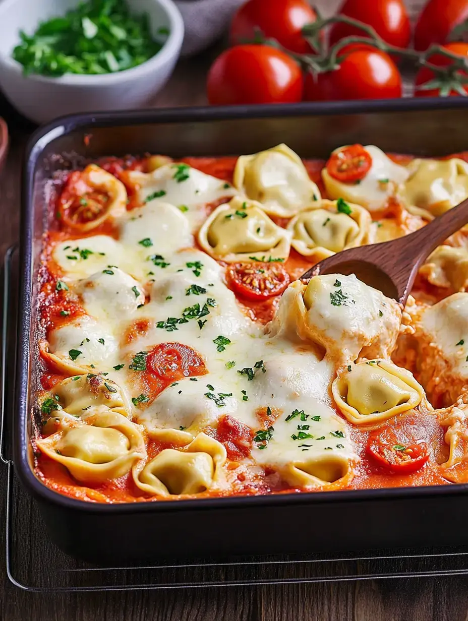 Una fuente de tortellini cubiertos con queso fundido y salsa de tomate, decorado con perejil fresco.