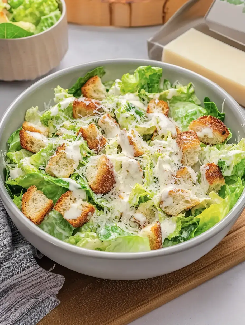 Un gran bol de ensalada César con lechuga romana, crutones y salsa cremosa encima.