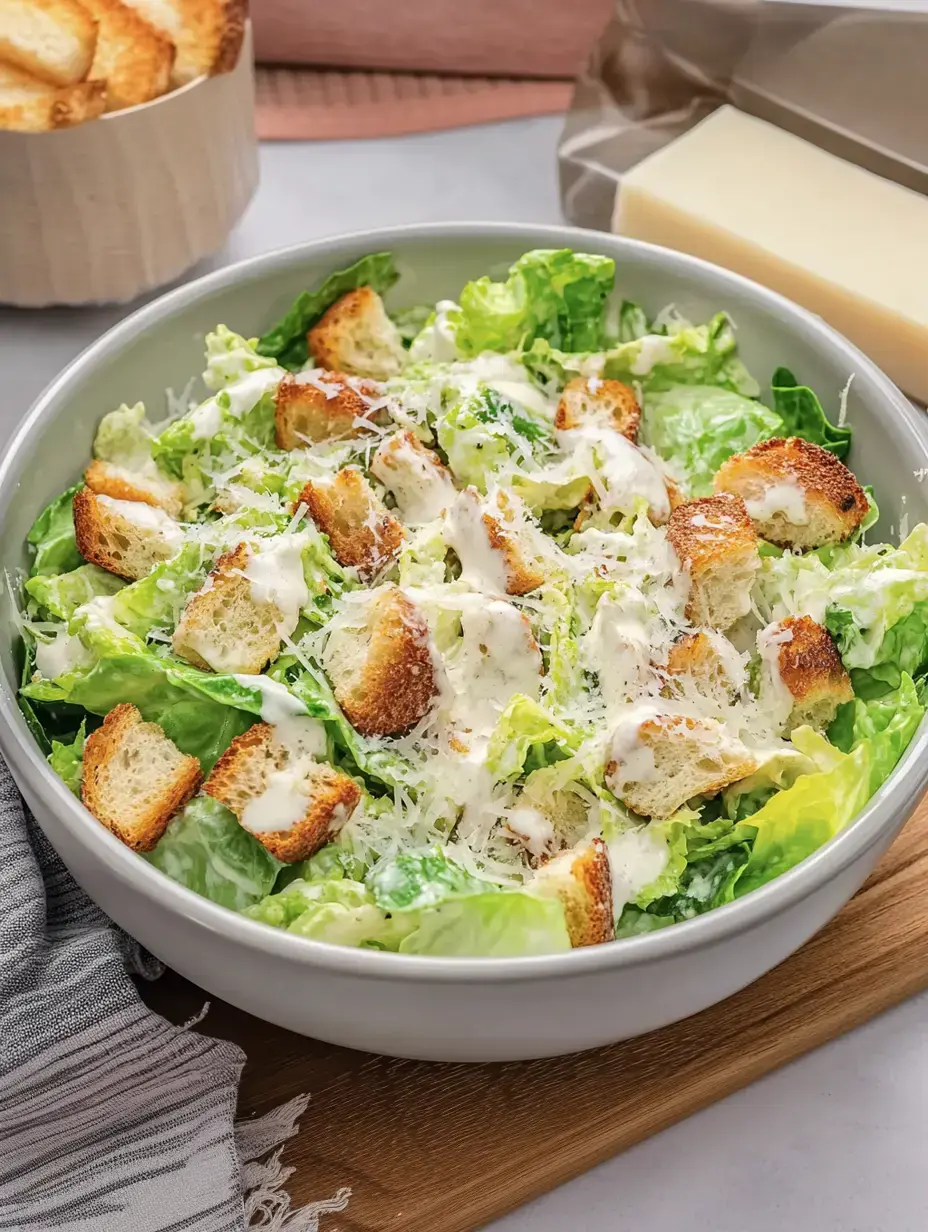 Un bol de ensalada César con lechuga romana, croutones, salsa cremosa y queso por encima.