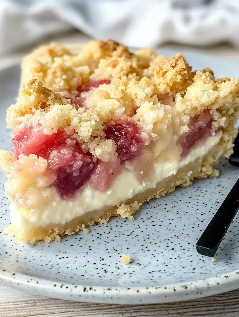 Una porción de pastel con relleno cremoso y fruta, cubierta de migas crocantes, en un plato.