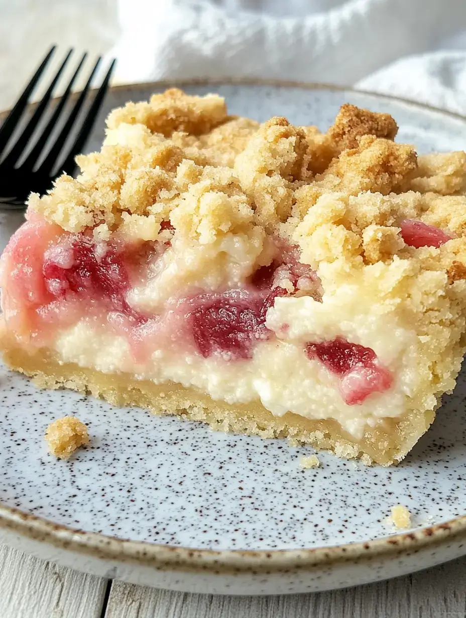 Una rebanada de pastel con capas cremosas y frutales, cubierta de migas, servida en un plato blanco.
