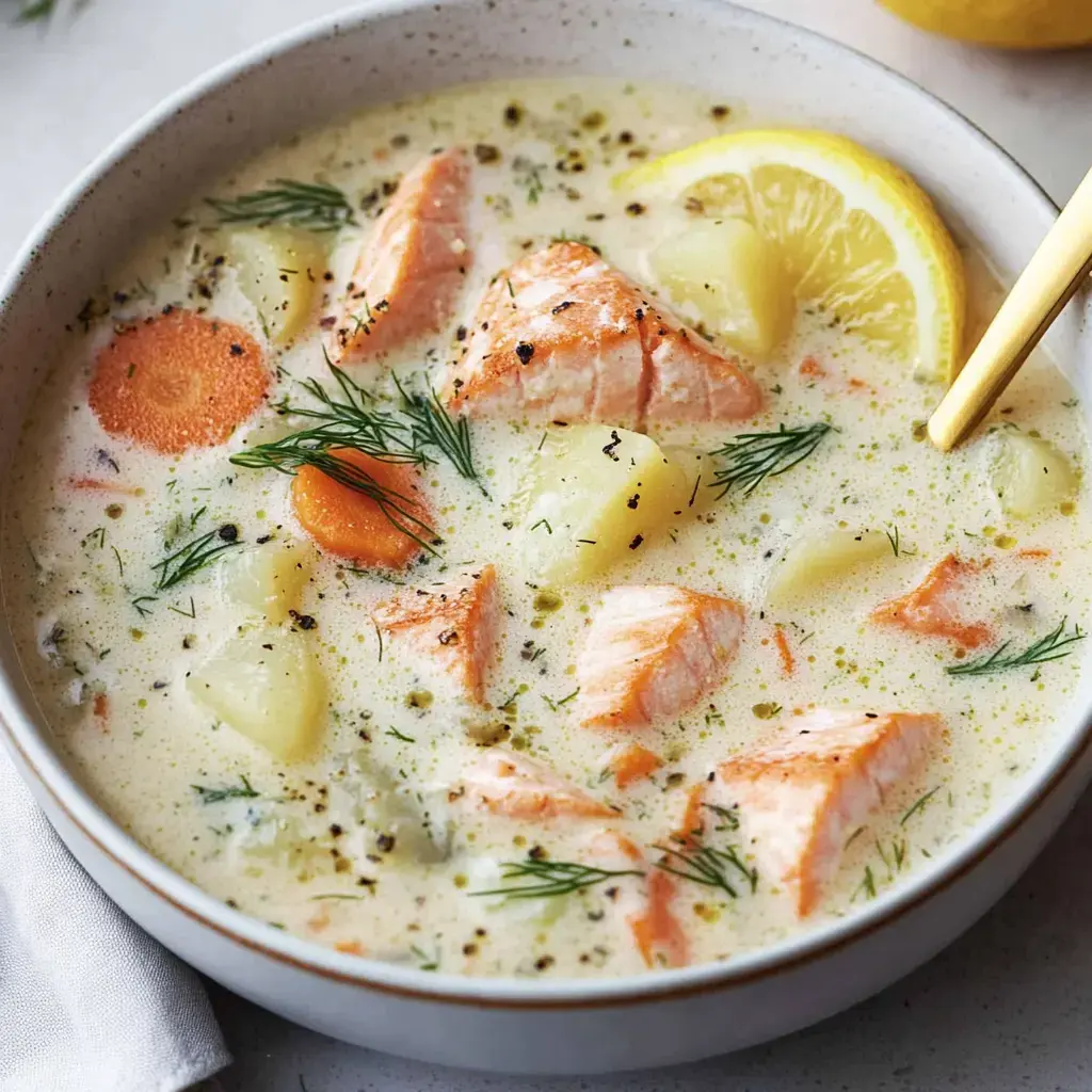 Un plato con sopa cremosa llena de trozos de salmón, decorada con eneldo y rodajas de limón.