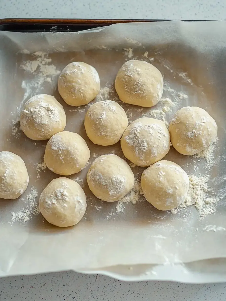 Doce porciones de masa redonda y espolvoreadas con harina sobre una bandeja.