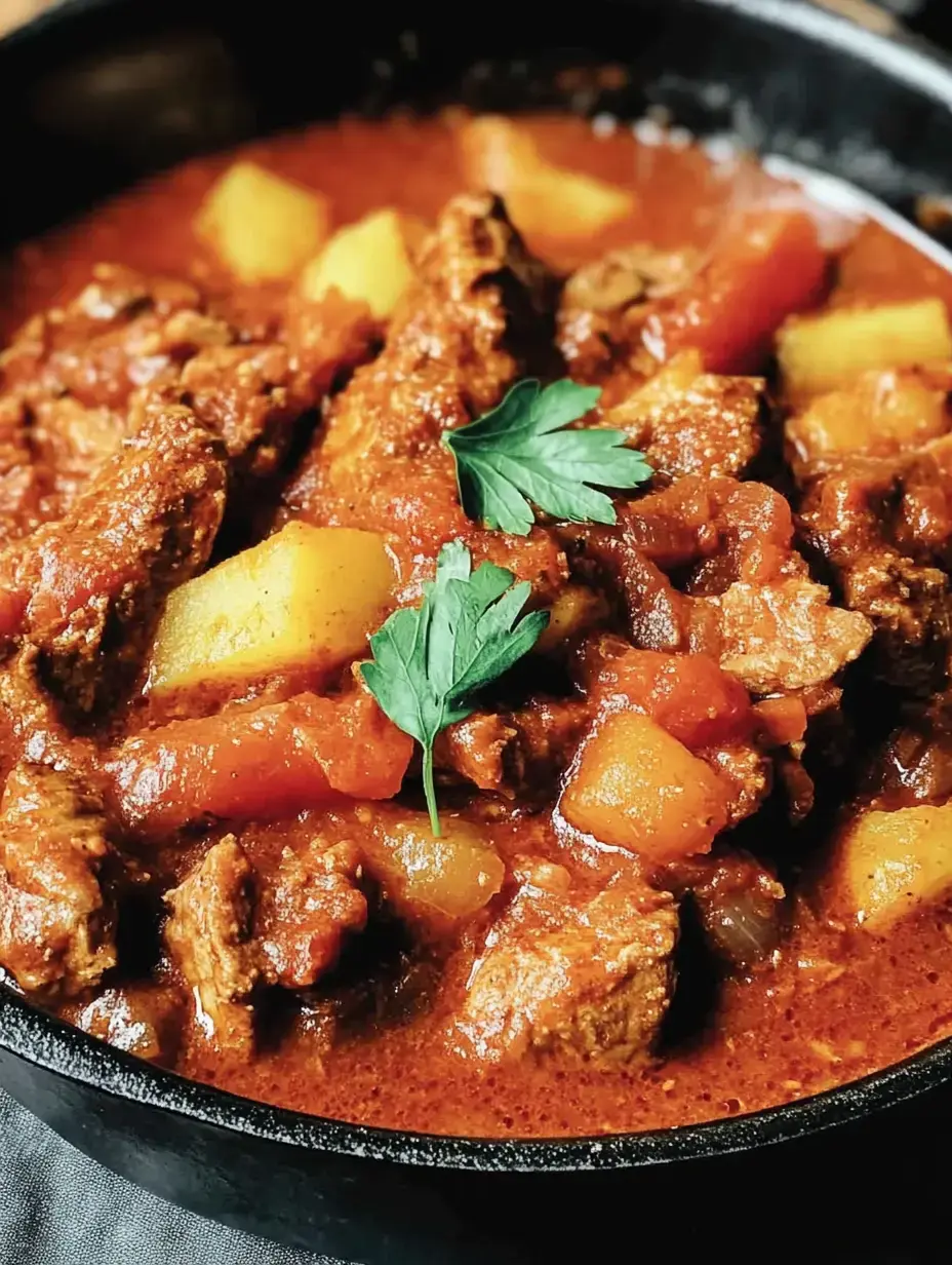 Plato hondo de guiso con tomate, papas y zanahorias, rematado con perejil fresco.