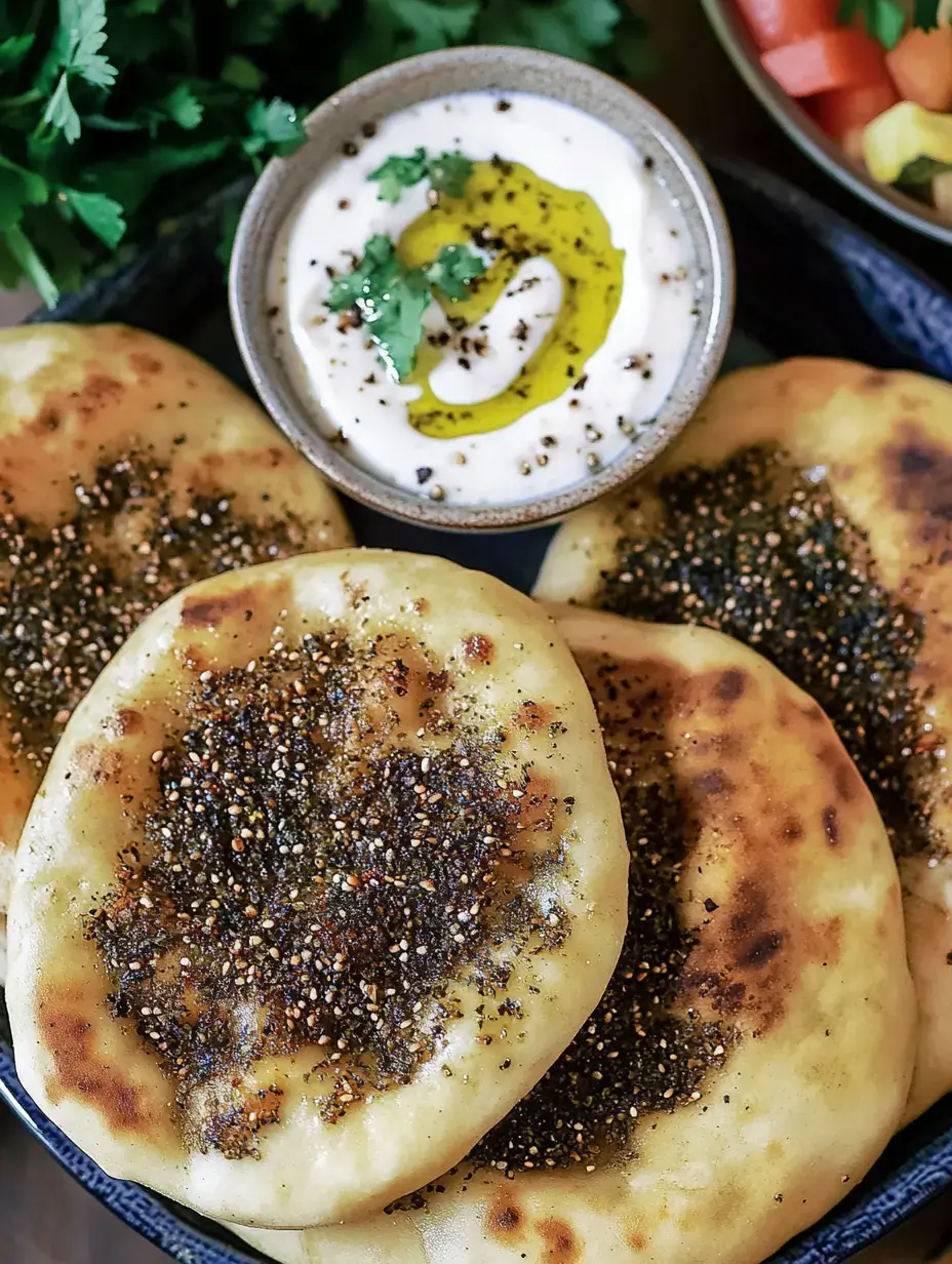 Panecillos planos con especias acompañados de un cuenco de yogur con aceite y cilantro fresco.