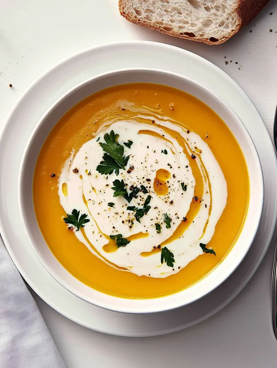 Un tazón de sopa de calabaza triturada con nata y perejil fresco, servida con un trozo de pan.