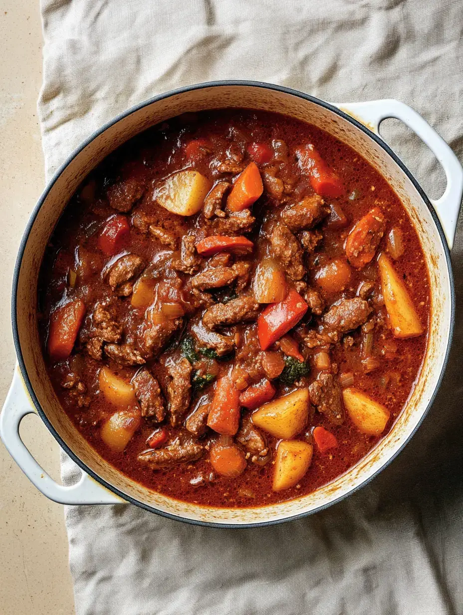 Olla repleta de guiso sabroso con papas, verduras y caldo en mesa lista.