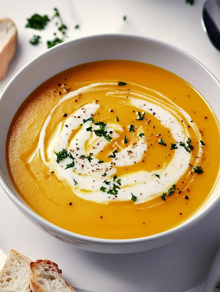 Una sopa cremosa de calabaza en un cuenco blanco, adornada con nata, perejil y pimienta negra, junto a un trozo de pan.