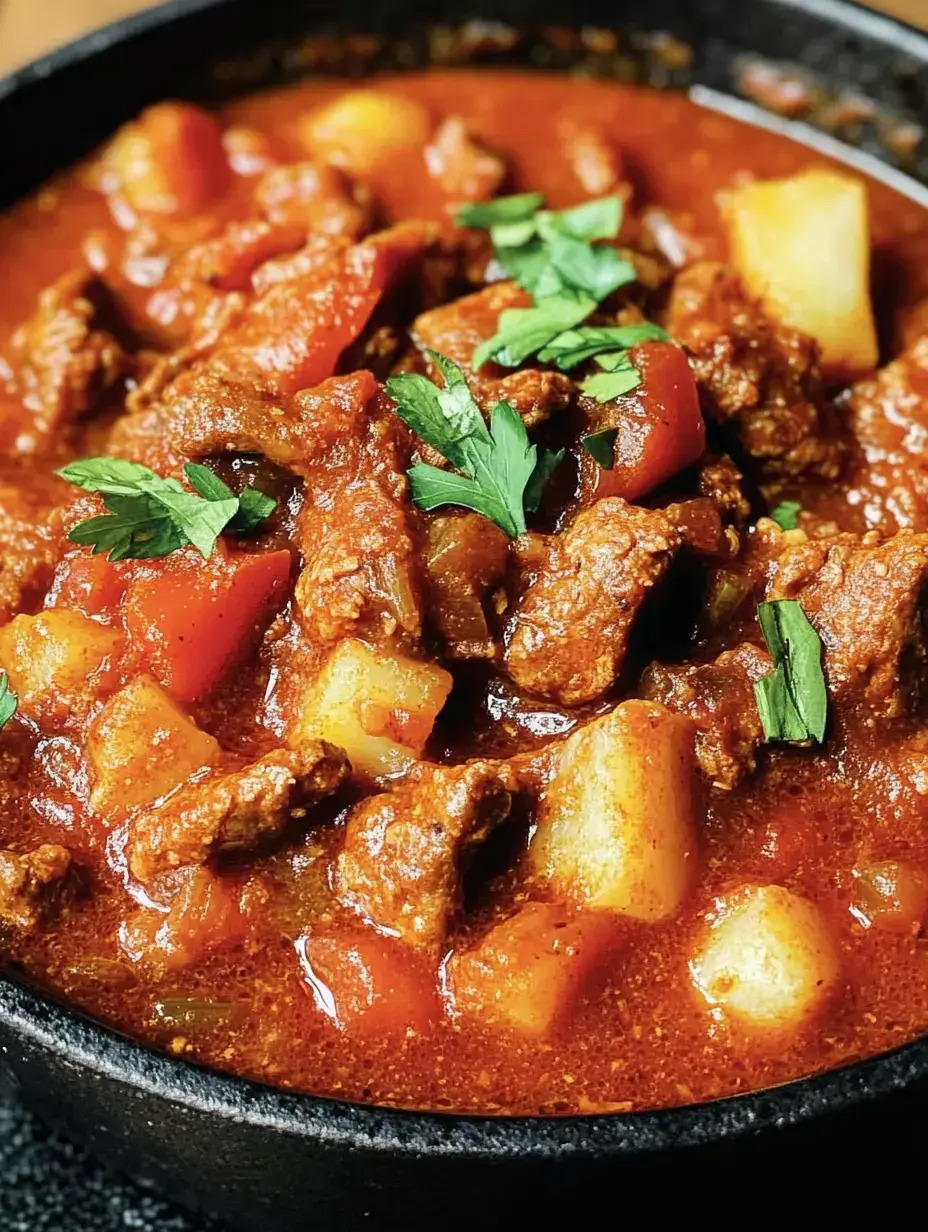 Plato de guiso cargado con papas, pimientos y hierbas frescas sobre salsa roja sustanciosa.