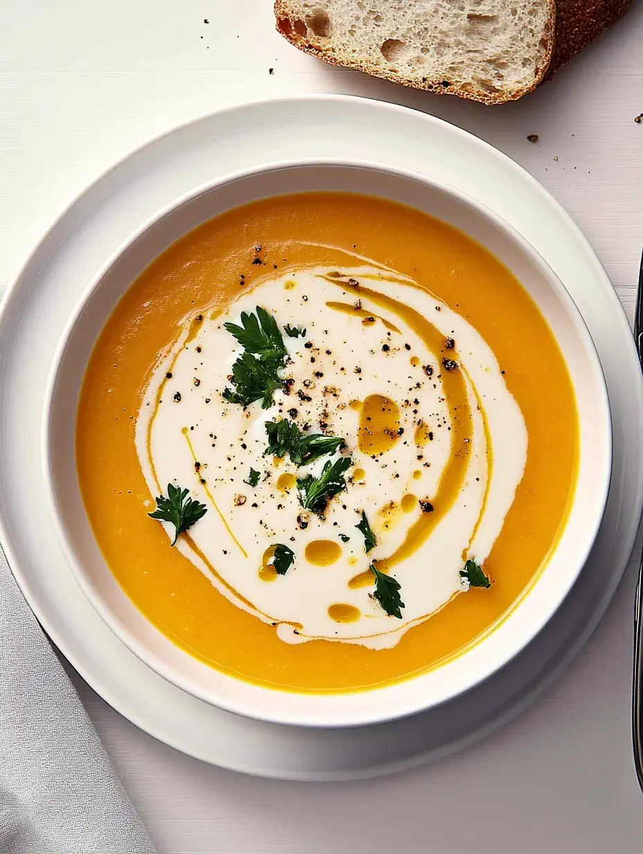 Un tazón de sopa de calabaza con crema agria, aceite de oliva, pimienta y perejil fresco, servido con un trozo de pan.