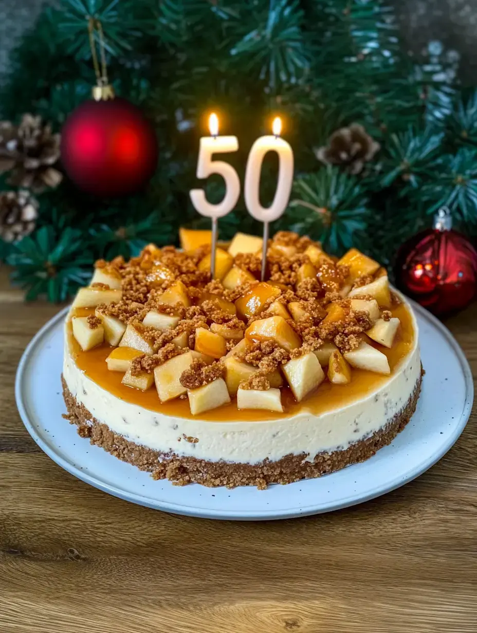 Una tarta de queso con manzana y caramelo, decorada con una vela de "50" frente a decoraciones navideñas.